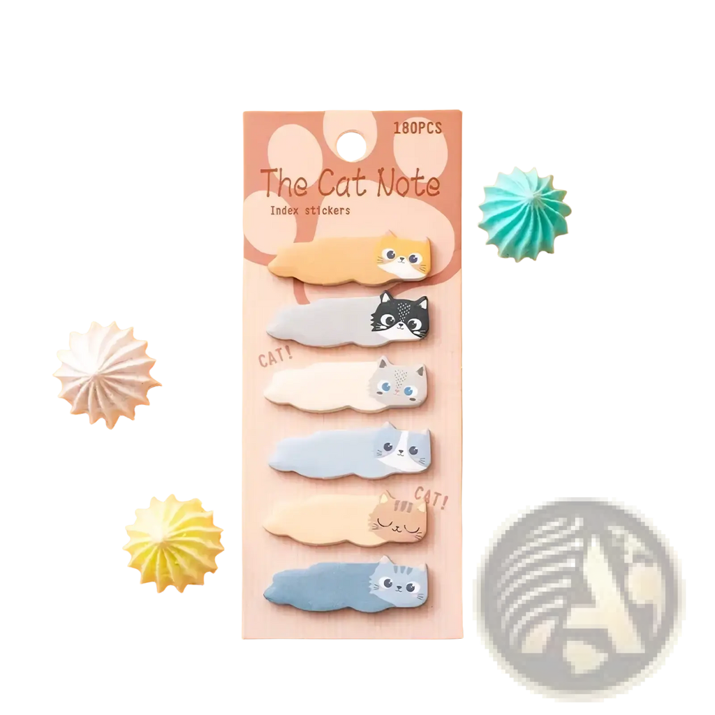 A set of 180 cat sticky notes memo pad stickers in pastel colors featuring various feline expressions on soft plastic