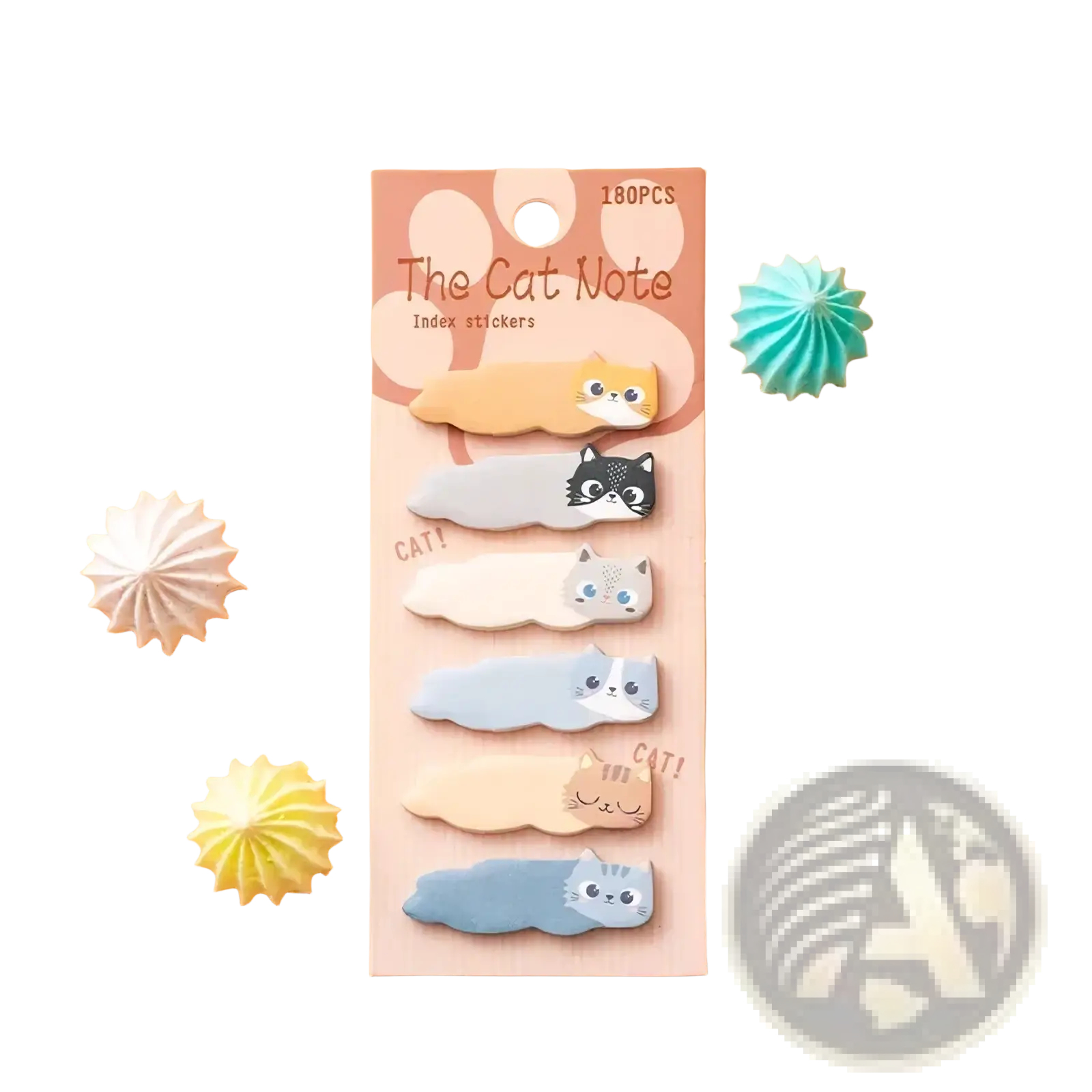A set of 180 cat sticky notes memo pad stickers in pastel colors featuring various feline expressions on soft plastic