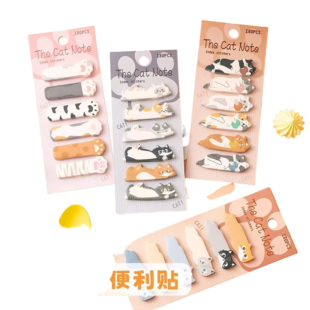 Cute cat-shaped index stickers in pastel and black-and-white designs on colorful the cat note cards in memo pad set