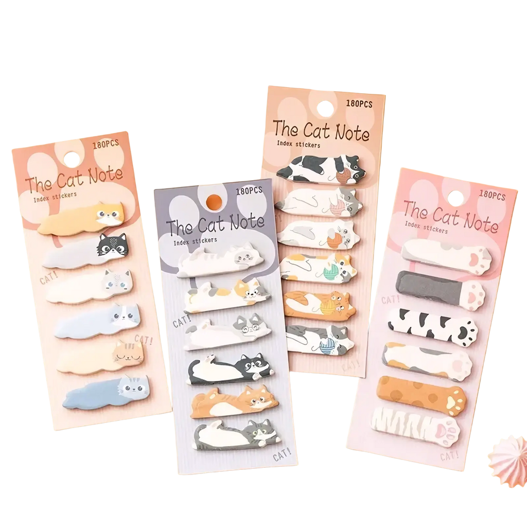 Cat sticky notes memo pad set with cute cat-shaped index stickers in pastel and solid colors on hanging cardstock