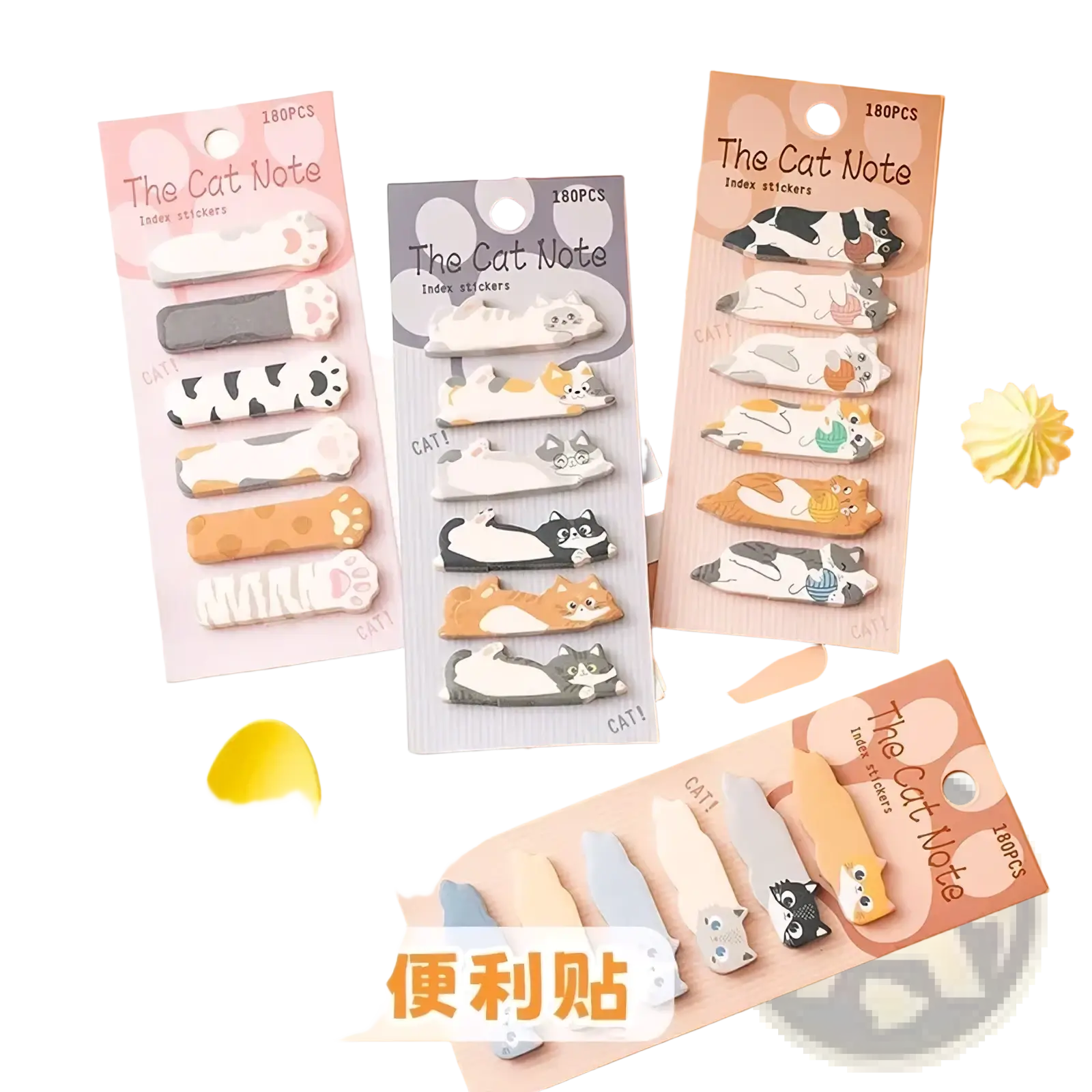 Cute cat-shaped index stickers in pastel and black-and-white designs on colorful the cat note cards in memo pad set