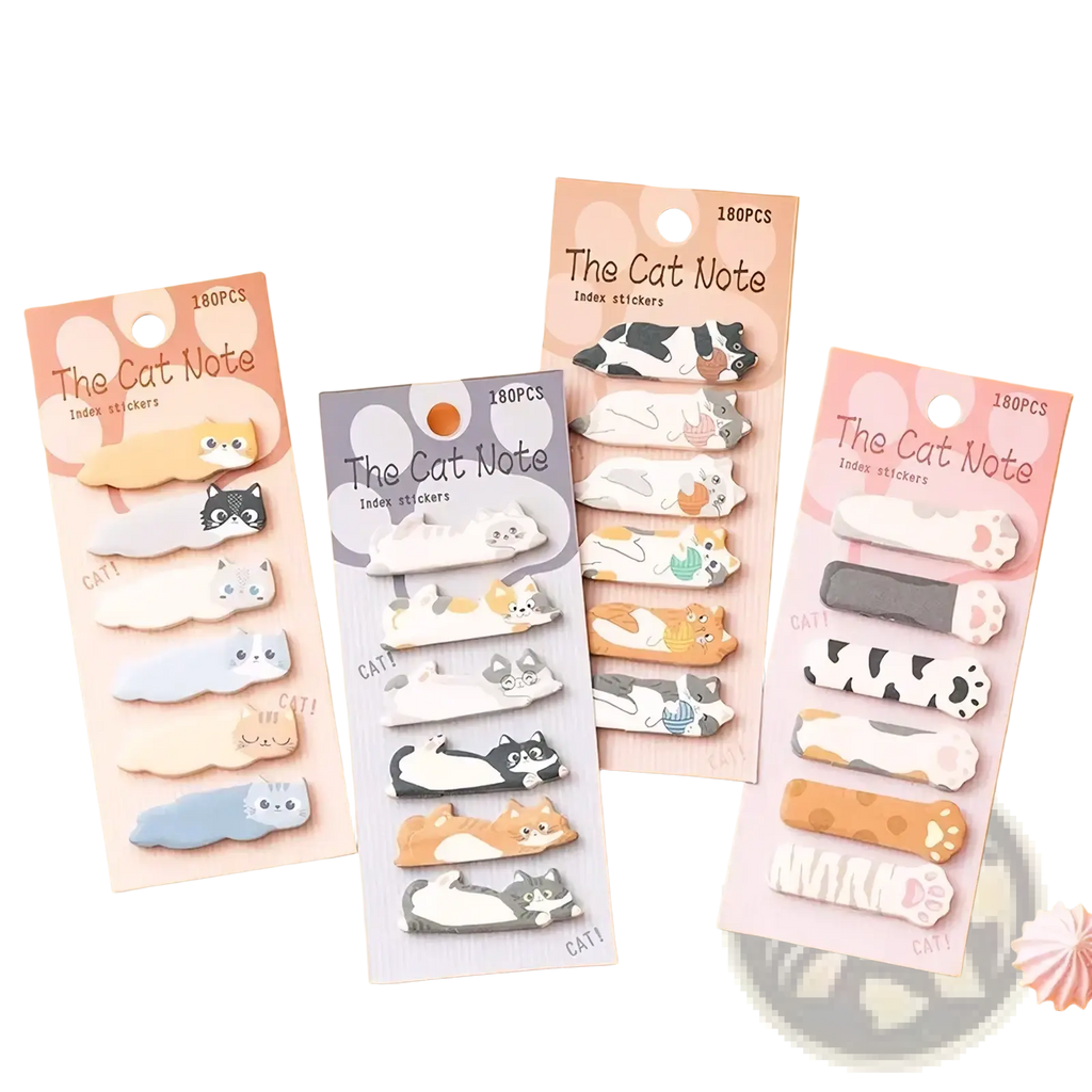 Cat sticky notes memo pad set with cute cat-shaped index stickers in pastel and solid colors on hanging cardstock