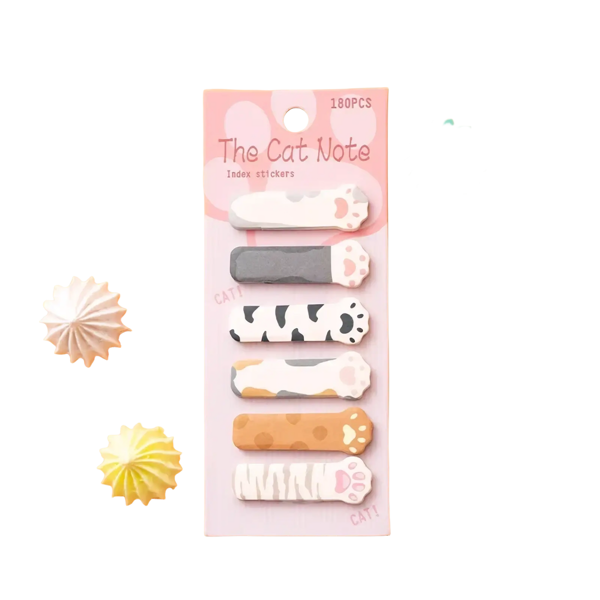 A set of six pastel cat paw-shaped sticky notes with assorted patterns on a pink card branded the cat note