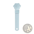 Light blue silicone cat strip feeder pet bowl shaped like a paw print with measurement markings