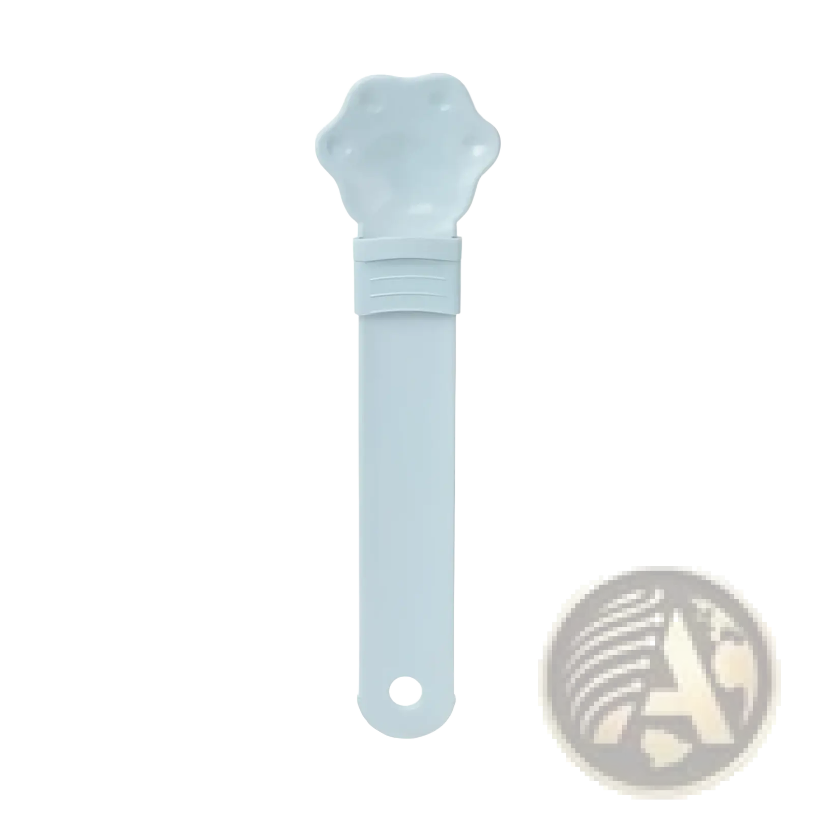 Light blue silicone cat strip feeder pet bowl shaped like a paw print with measurement markings