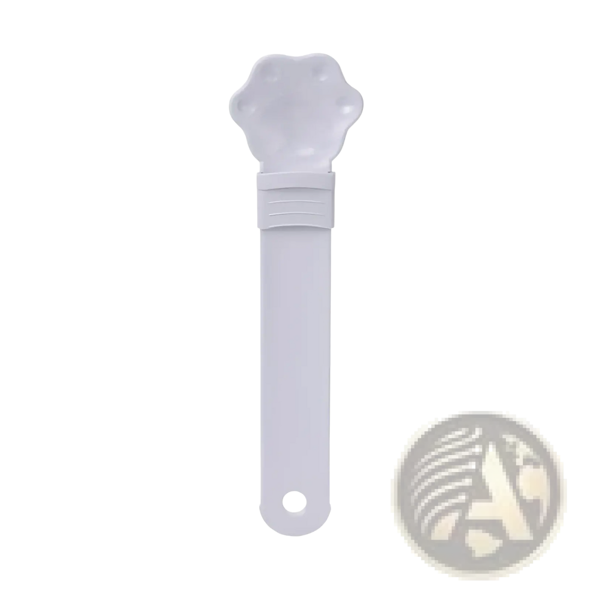 White plastic cat strip feeder pet bowl with a paw-shaped head and long handle for easy feeding