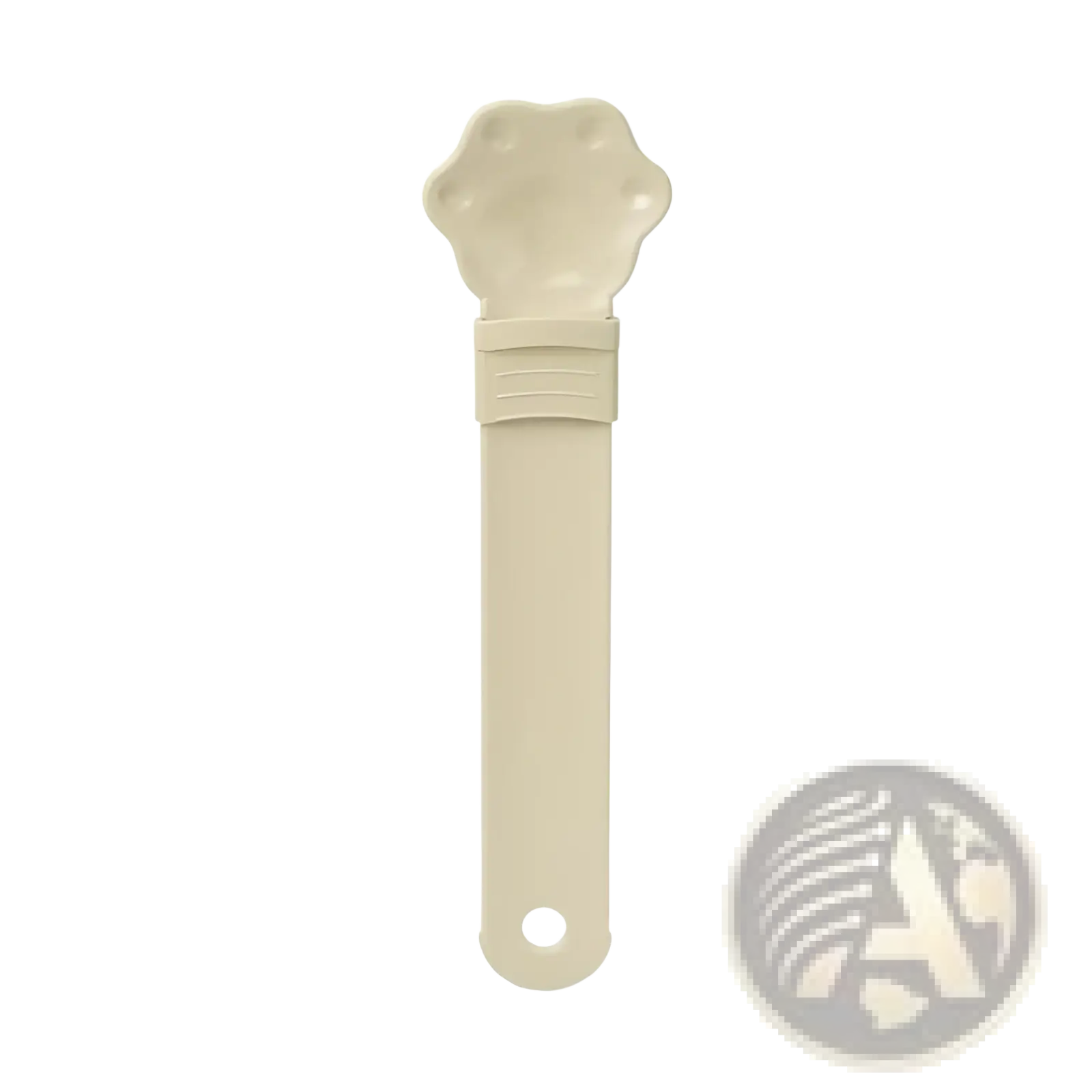 Beige plastic cat strip feeder pet bowl with paw-shaped handle and textured grip for grooming use