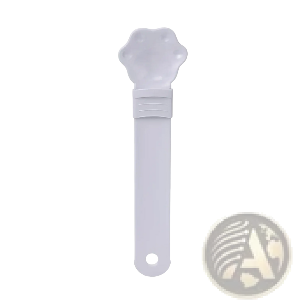 White plastic cat strip feeder pet bowl with a paw-shaped head and a long handle for easy feeding