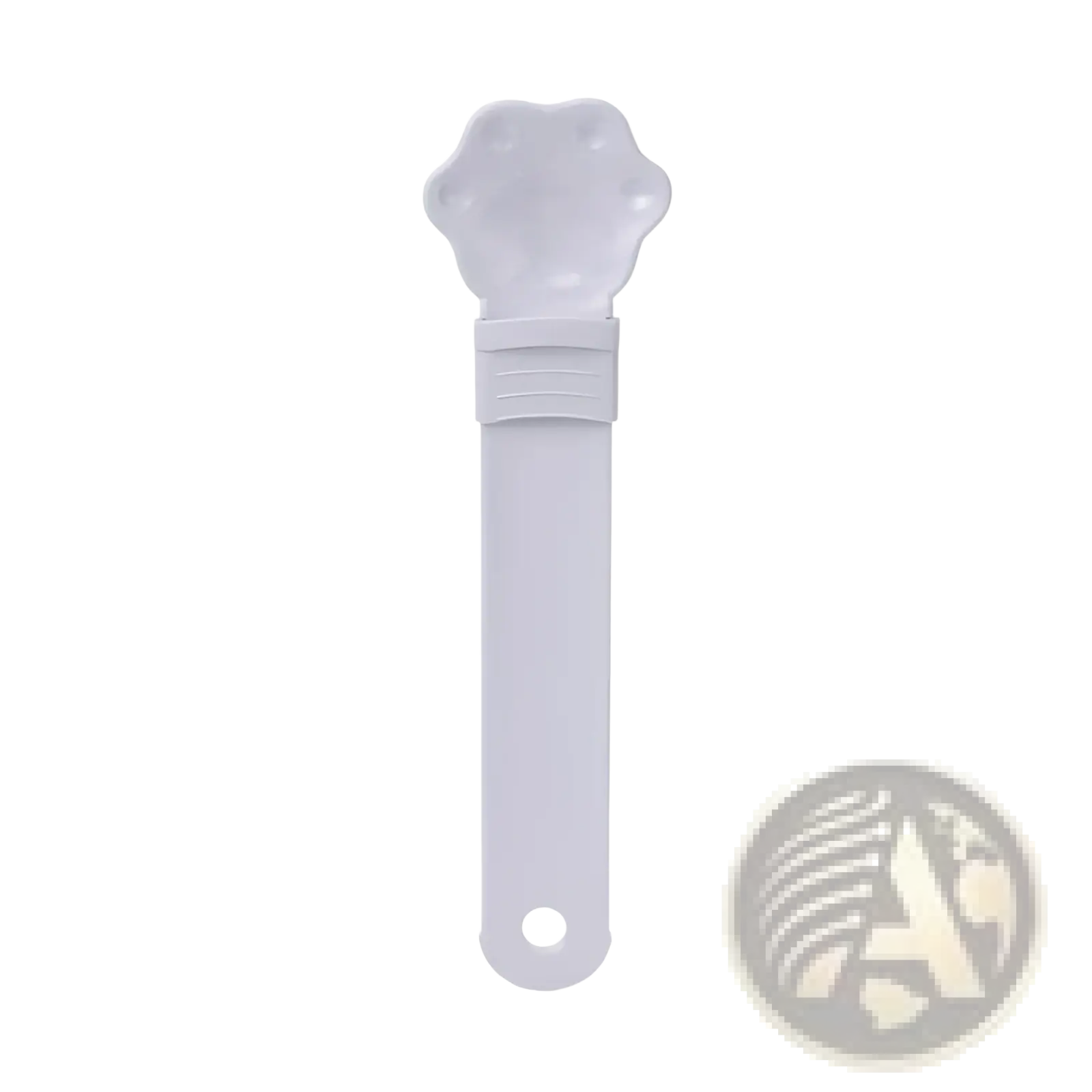 White plastic cat strip feeder pet bowl with a paw-shaped head and a long handle for easy feeding