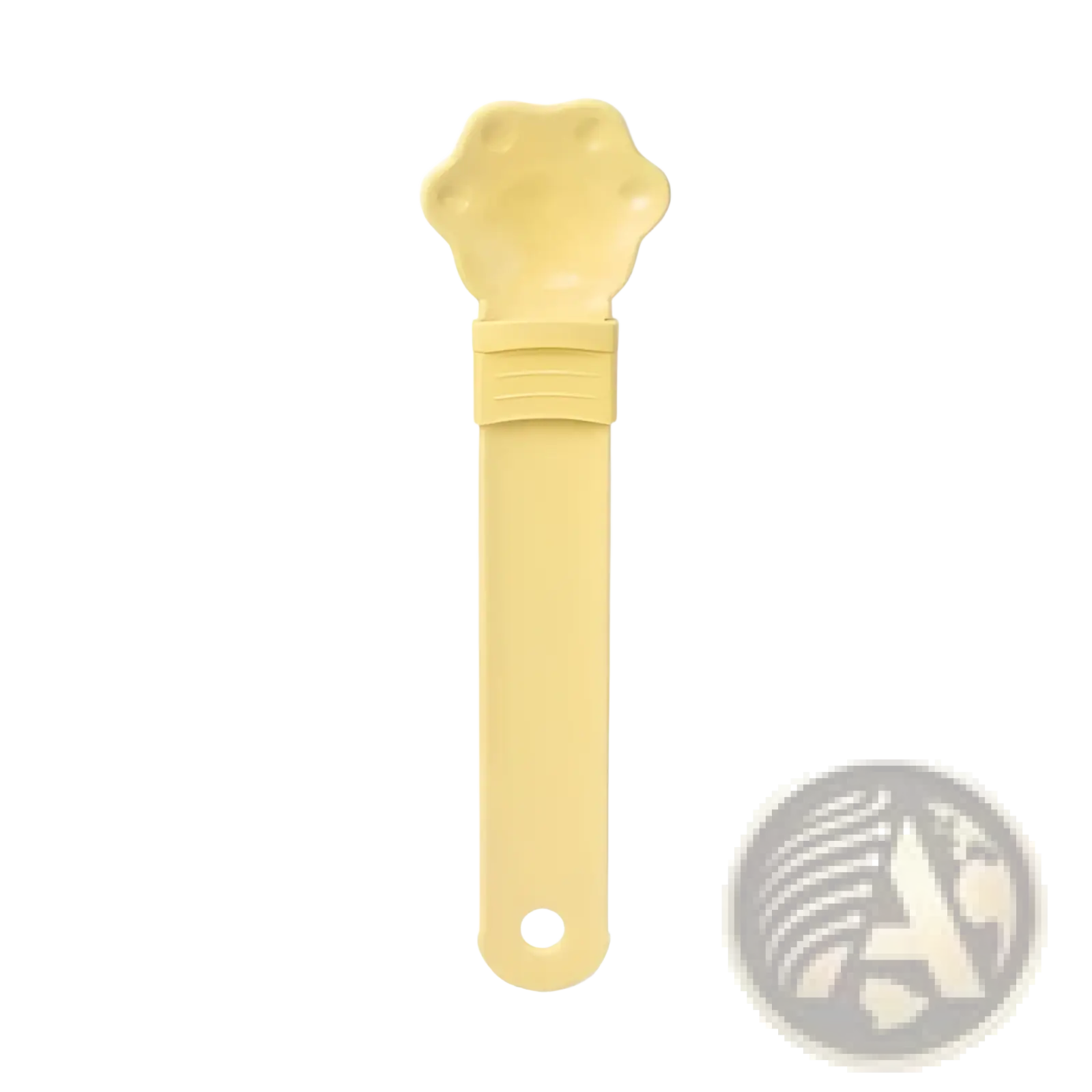 Yellow plastic cat strip feeder pet bowl with paw-shaped top and handle for easy feeding and carrying