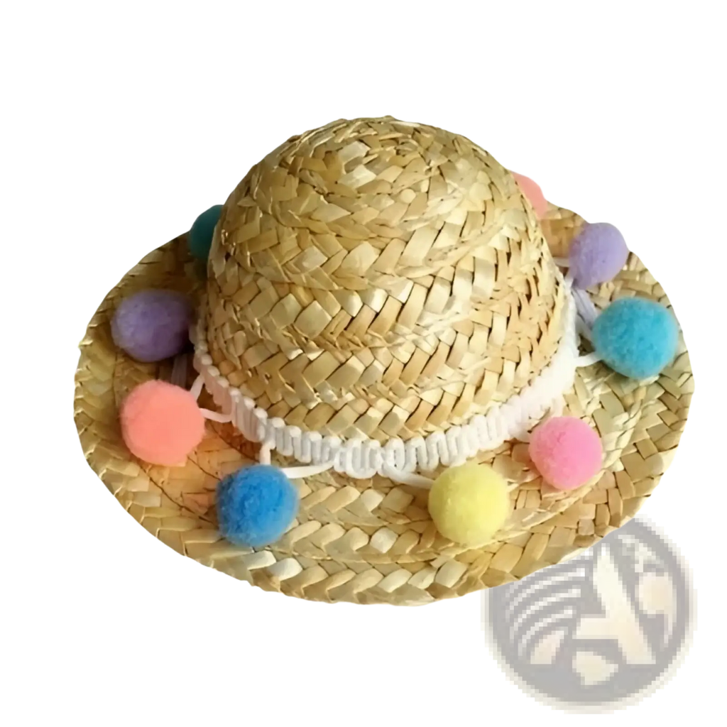 A charming khaki straw hat with white crochet trim and colorful pom-poms in the cat sunglasses and straw hat pet set