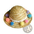 A charming khaki straw hat with white crochet trim and colorful pom-poms in the cat sunglasses and straw hat pet set