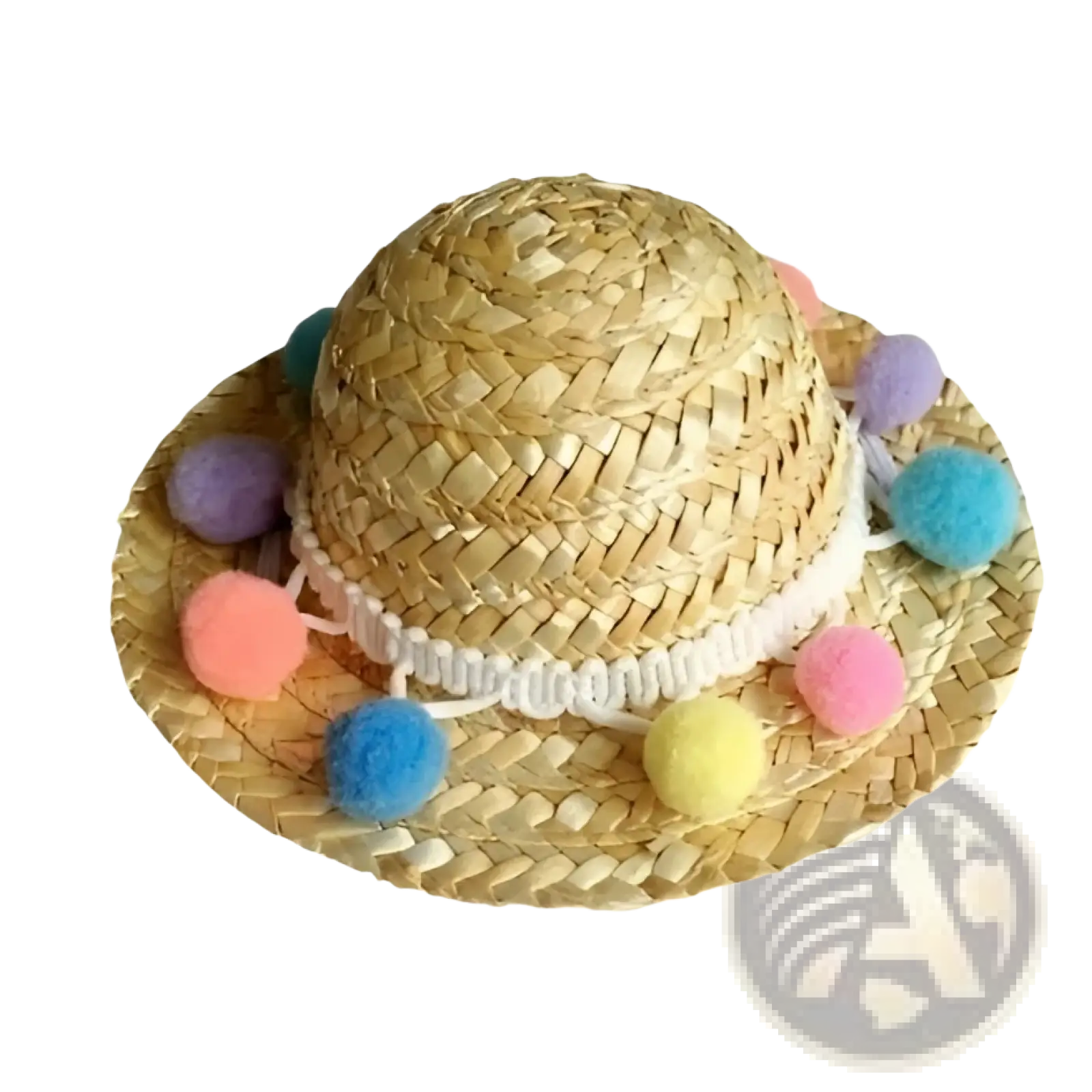 A charming khaki straw hat with white crochet trim and colorful pom-poms in the cat sunglasses and straw hat pet set
