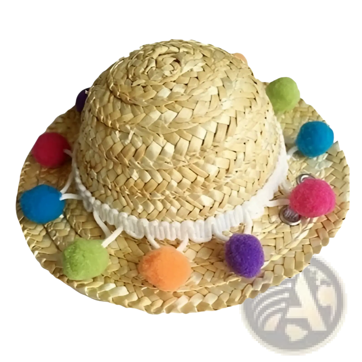 A charming straw hat with colorful pom-poms in red blue green orange and purple from cat sunglasses and straw hat pet set