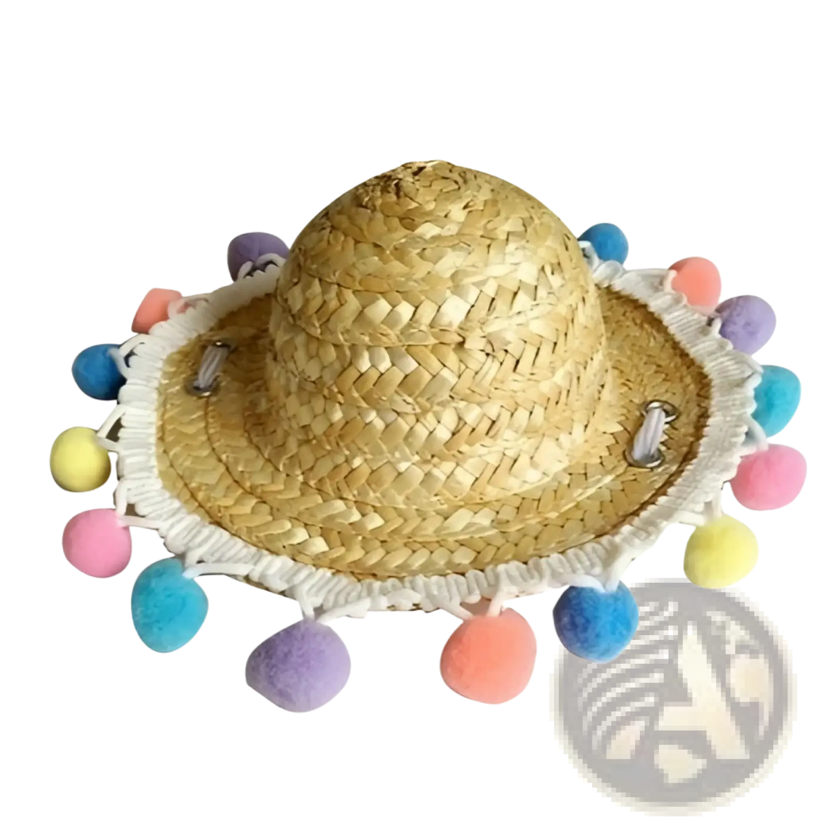 A woven straw hat with a wide brim and colorful pink blue yellow and purple pom-poms in the cat sunglasses and straw hat pet set