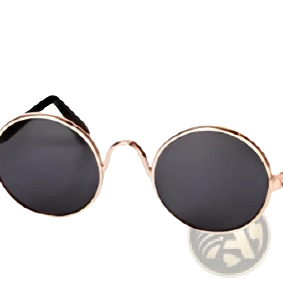Round cat sunglasses with rose gold metal frame and dark gray lenses from pet straw hat set