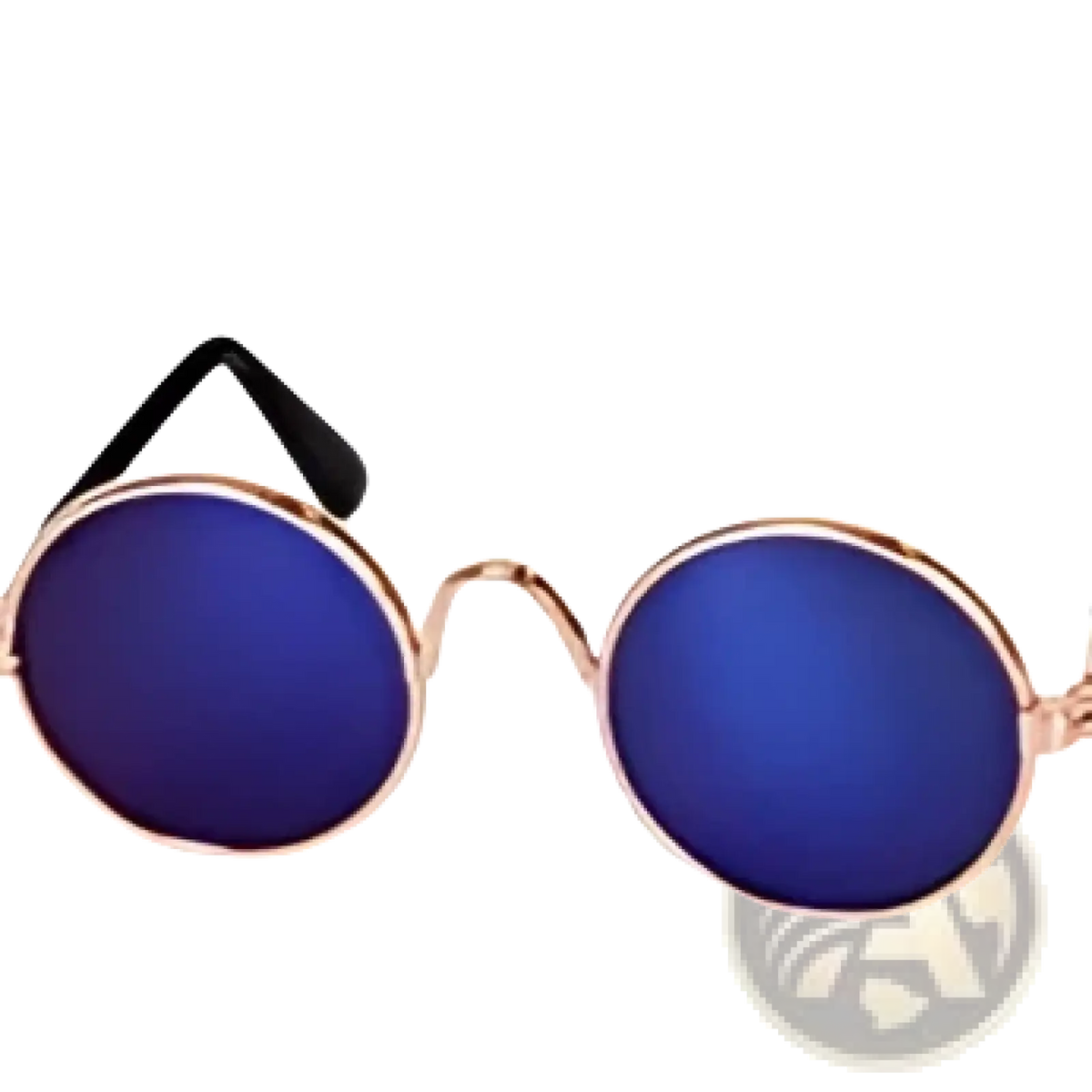 Round blue mirrored cat sunglasses with rose gold metal frames included in a straw hat pet set