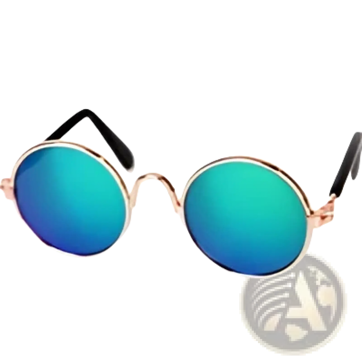 Round blue mirrored cat sunglasses with thin gold-toned metal frames and black temple arms in a pet set