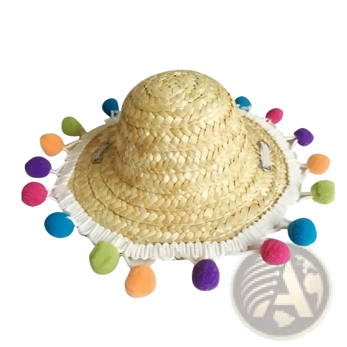 Khaki straw sun hat with white fringe and multicolored pom-poms in cat sunglasses and straw hat pet set