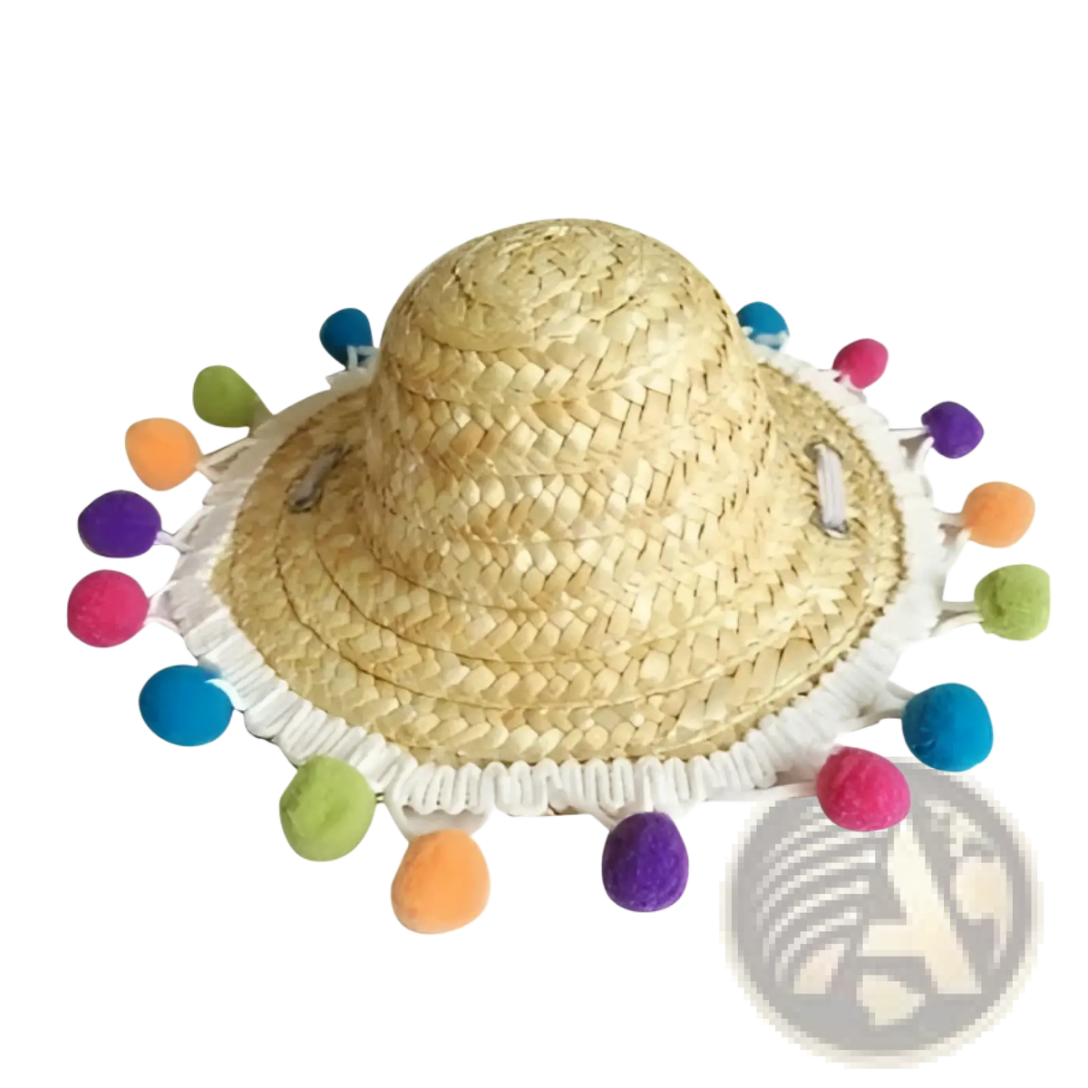 Khaki straw sun hat with white fringe and multicolored pom-poms in cat sunglasses and straw hat pet set