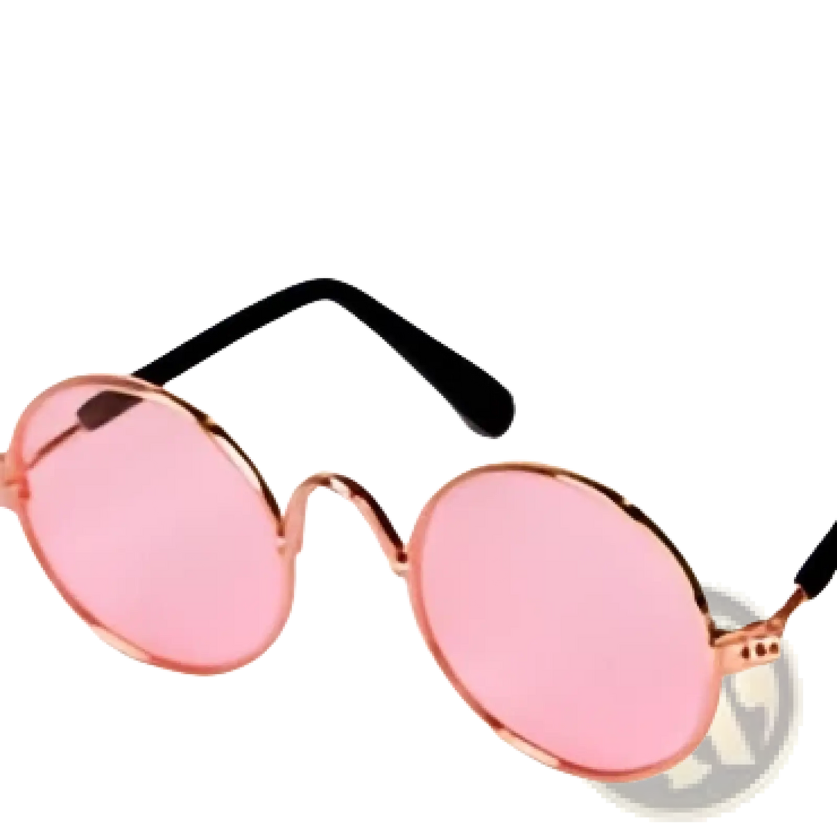 Rose gold round cat sunglasses with pink lenses paired with a straw hat in a pet accessory set