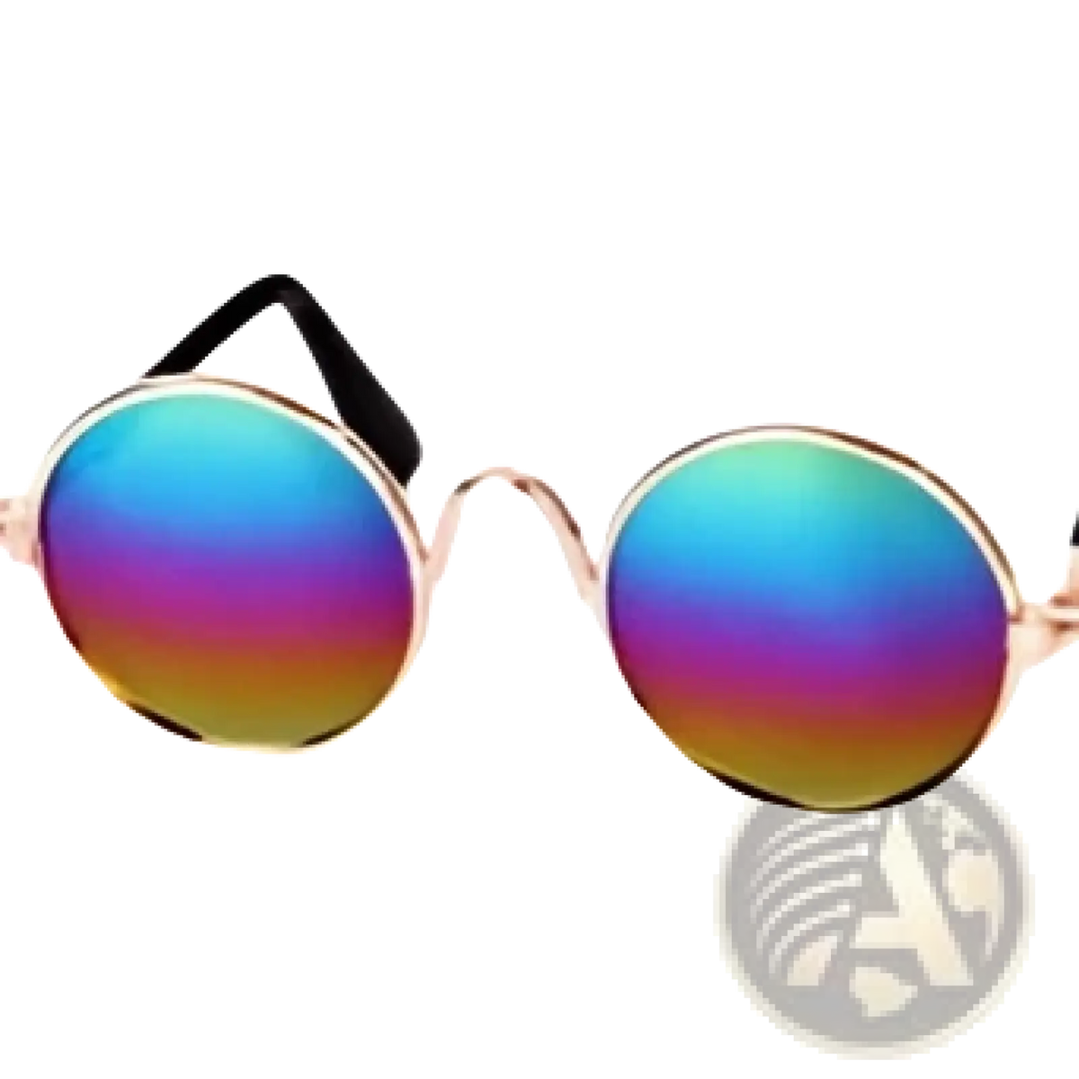 Round cat sunglasses with rainbow-colored iridescent lenses and metallic frame from a pet accessory set