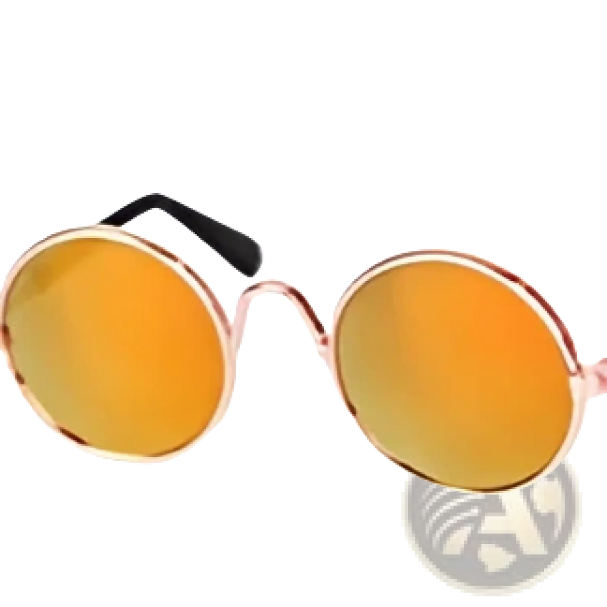 Round orange-tinted cat sunglasses with thin metallic frame and black temple tips from pet set with straw hat