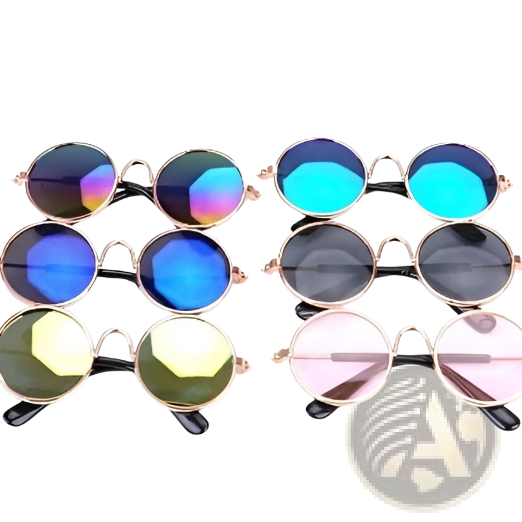 Round cat sunglasses with iridescent blue green pink lenses and thin gold metal rims in a straw hat pet set