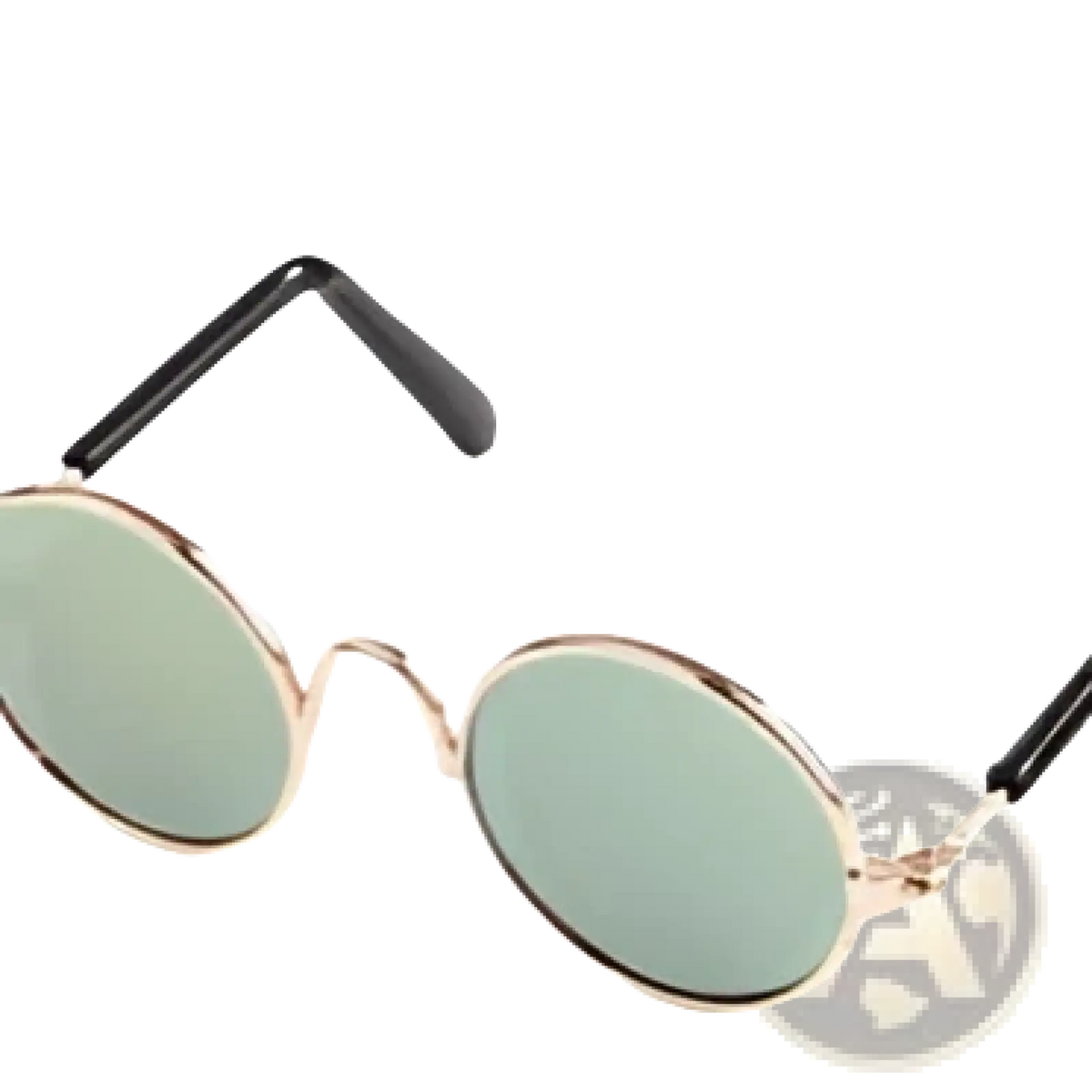 Round green-tinted cat sunglasses with thin metallic frames and black temple arms from pet straw hat set