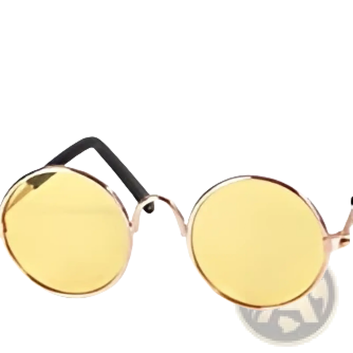 Yellow circular cat sunglasses with gold-toned metal frames from the cat sunglasses and straw hat pet set