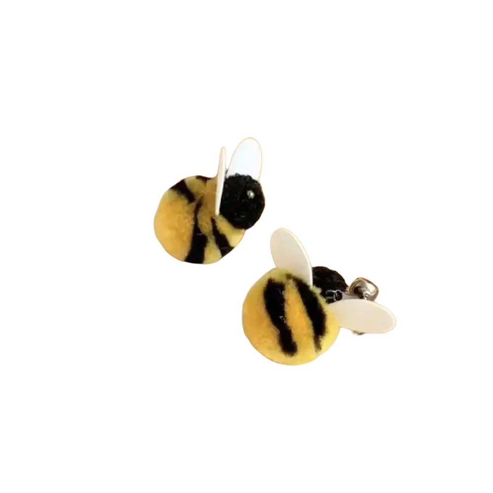 Cute yellow and black fuzzy bee earrings with white plastic wings designed as cat teaser toys type plush accessory