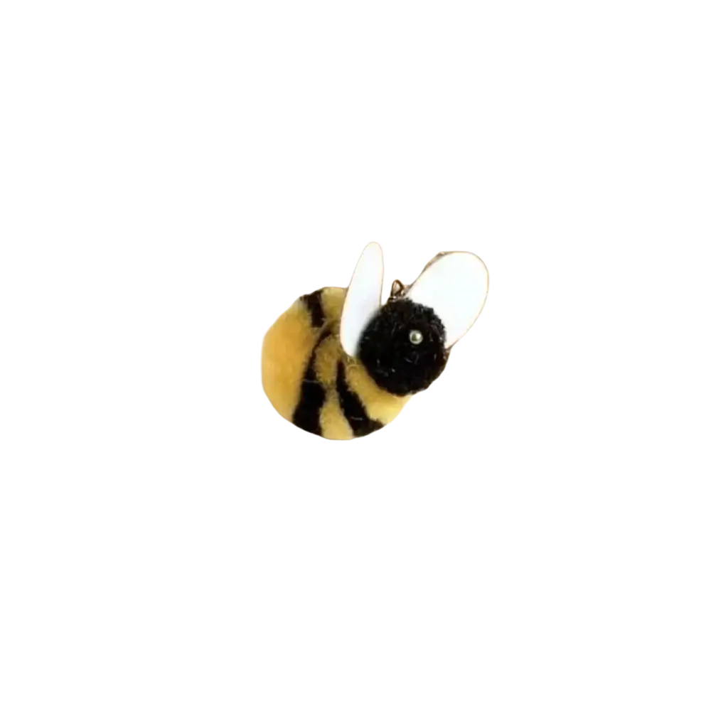 A plush fuzzy bee-shaped cat teaser toy with yellow and black stripes, white wings, and a small metallic eye