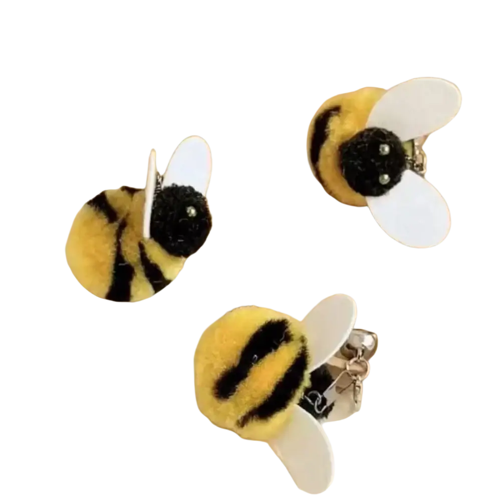 Yellow and black fuzzy plush bee keychains with white plastic wings designed as interactive cat teaser toys type