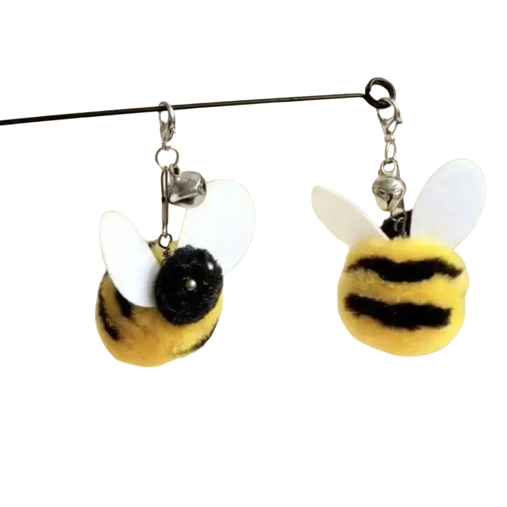 Yellow and black fuzzy bee plush cat teaser toys type with white wings and small silver bells for interactive play