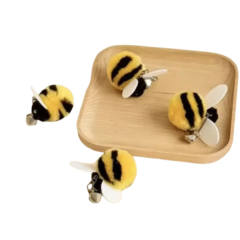 Yellow and black fuzzy plush bee keychains with white plastic wings for cat teaser toys type interactive play