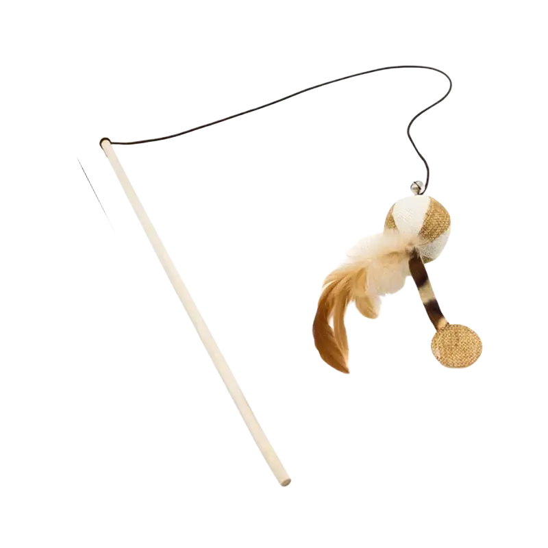Cat teaser wooden stick interactive pet toy with 40cm wooden handle and white gold fabric feather dangling toy