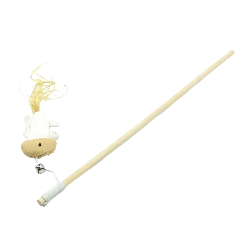 Cat teaser wooden stick with beige and white plush mouse head, yarn hair, and bell for interactive pet cat play
