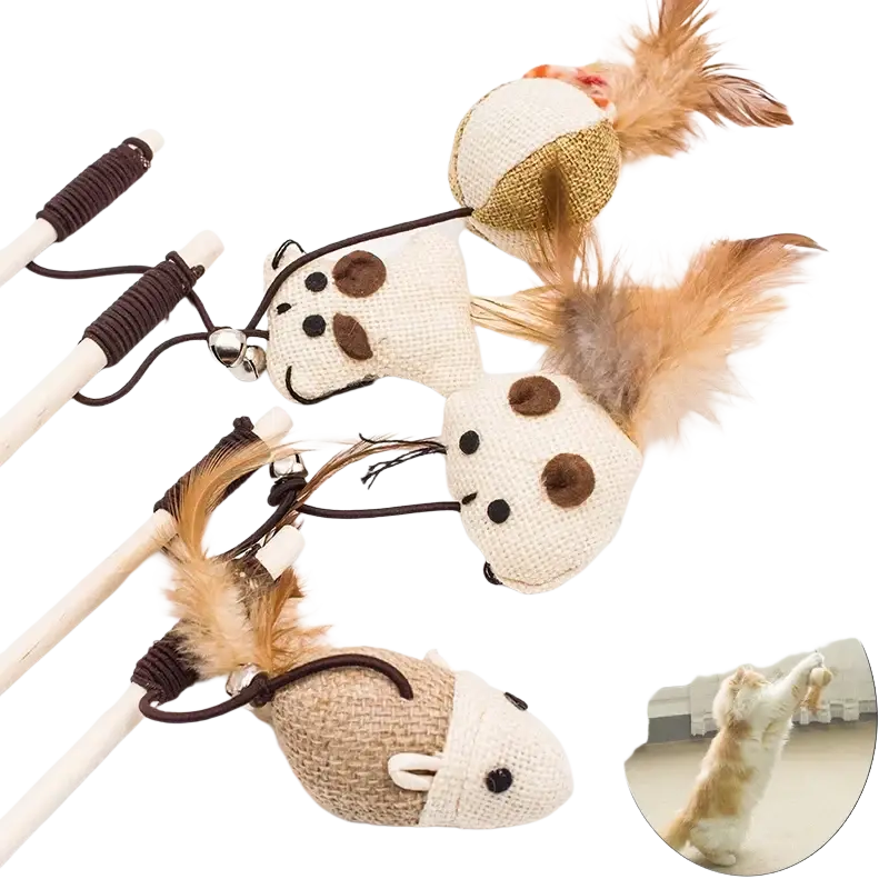 Beige and brown woven fabric cat teaser toys shaped like mice and birds with feathers for interactive pet cat play