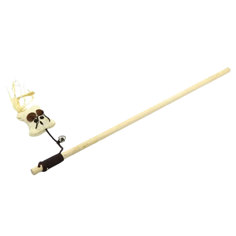 Beige fabric cat teaser with brown embroidered eyes and silver bell on a wooden stick interactive pet cat toy