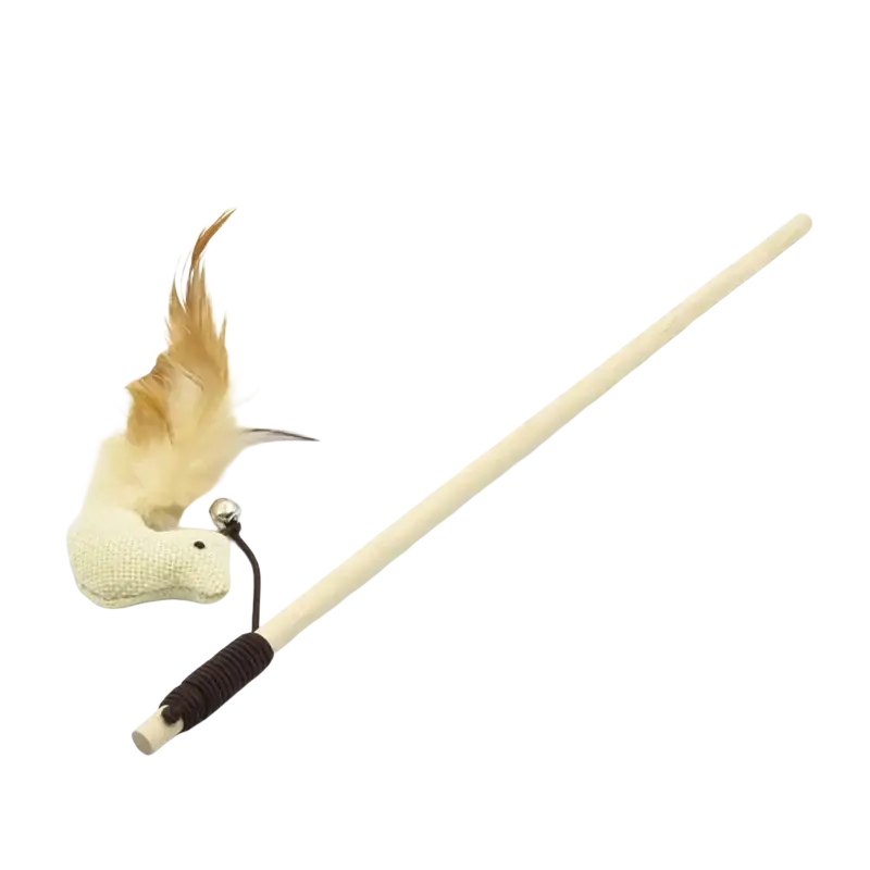 Beige fabric cat teaser with brown feather and silver bell on a light wooden stick for interactive pet cat toys type