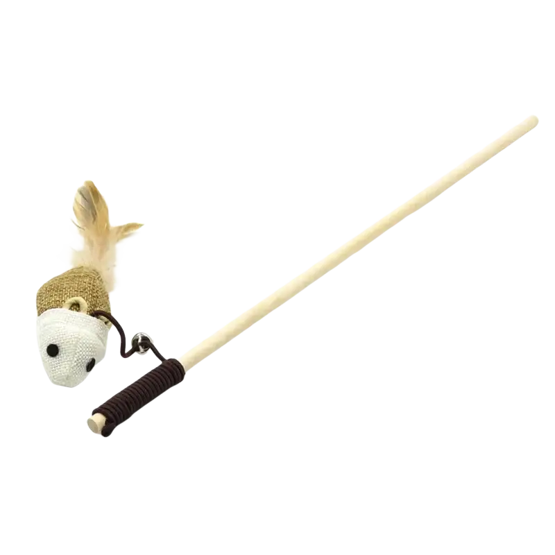Beige wooden cat teaser with white mouse head toy and tan feather for interactive pet cat play toys type