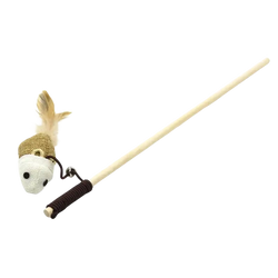 Beige wooden cat teaser stick with white mouse head toy and tan feather for interactive pet cat play