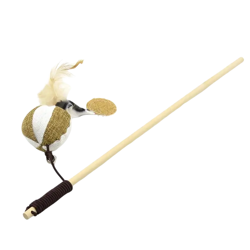 Beige and white woven fabric mouse toy with feather on wooden stick cat teaser for interactive pet cat play toys type