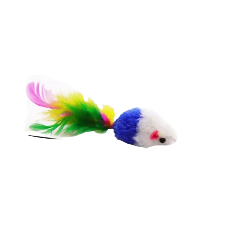 Colorful plush mouse toy with blue and white body pink nose and multicolored feather tail for interactive cat teaser toys type