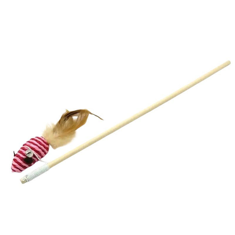 Pink and white striped plush mouse cat teaser with feather tail on wooden stick for interactive pet cat toys type