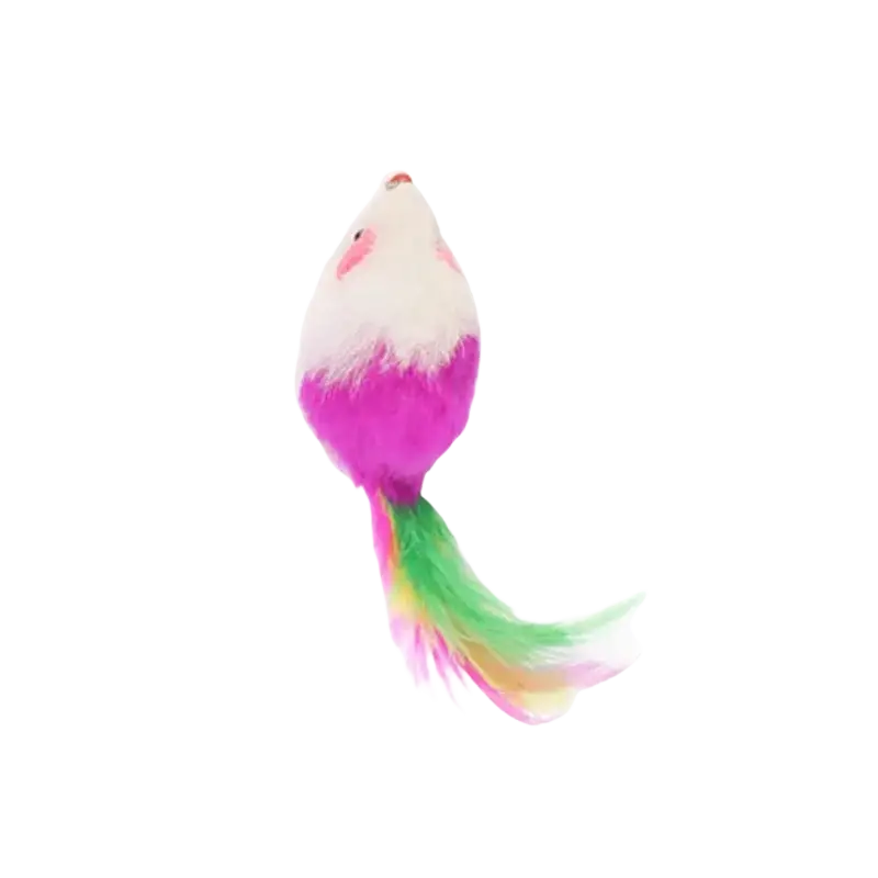 A plush pink and white mouse toy with a colorful rainbow tail attached to a wooden cat teaser for pet cats