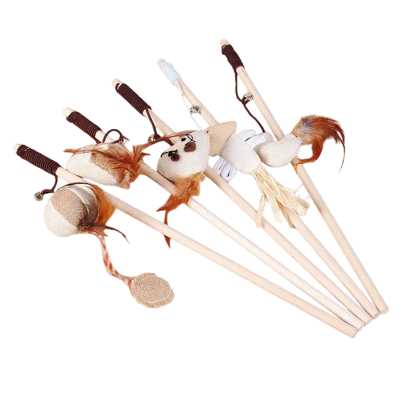 Set of six wooden cat teaser toys with soft fabric heads feathers and brown wrapped handles for interactive pet cat play