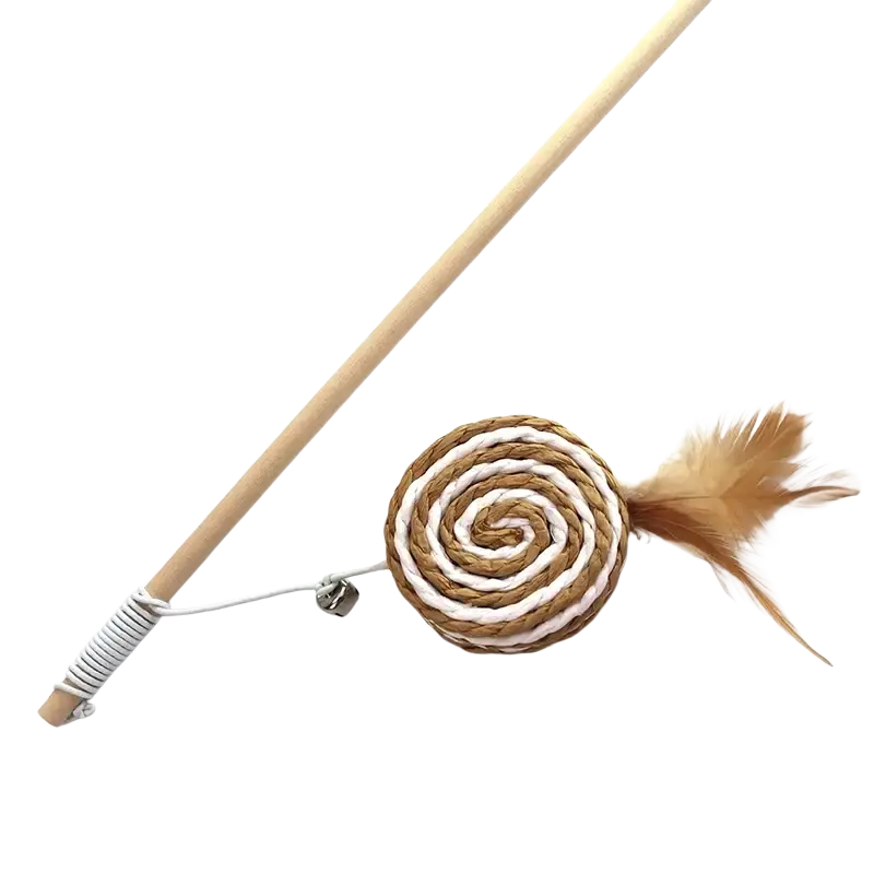 Cat teaser wooden stick interactive pet toy with braided tan and white rope, natural wood stick, feather, and silver bell