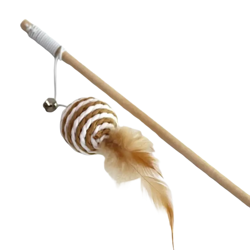 A striped braided cat teaser with feather and bell attached to a wooden stick for interactive pet cat play toys type