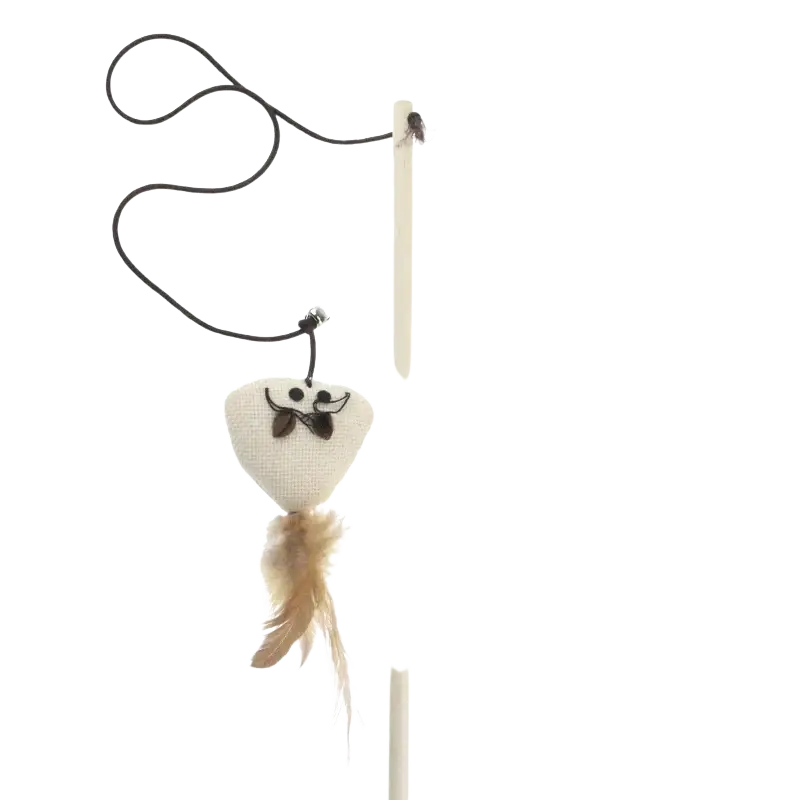 White fabric cat teaser toy with black embroidered face and bow tie hanging from wooden stick for pet cat play